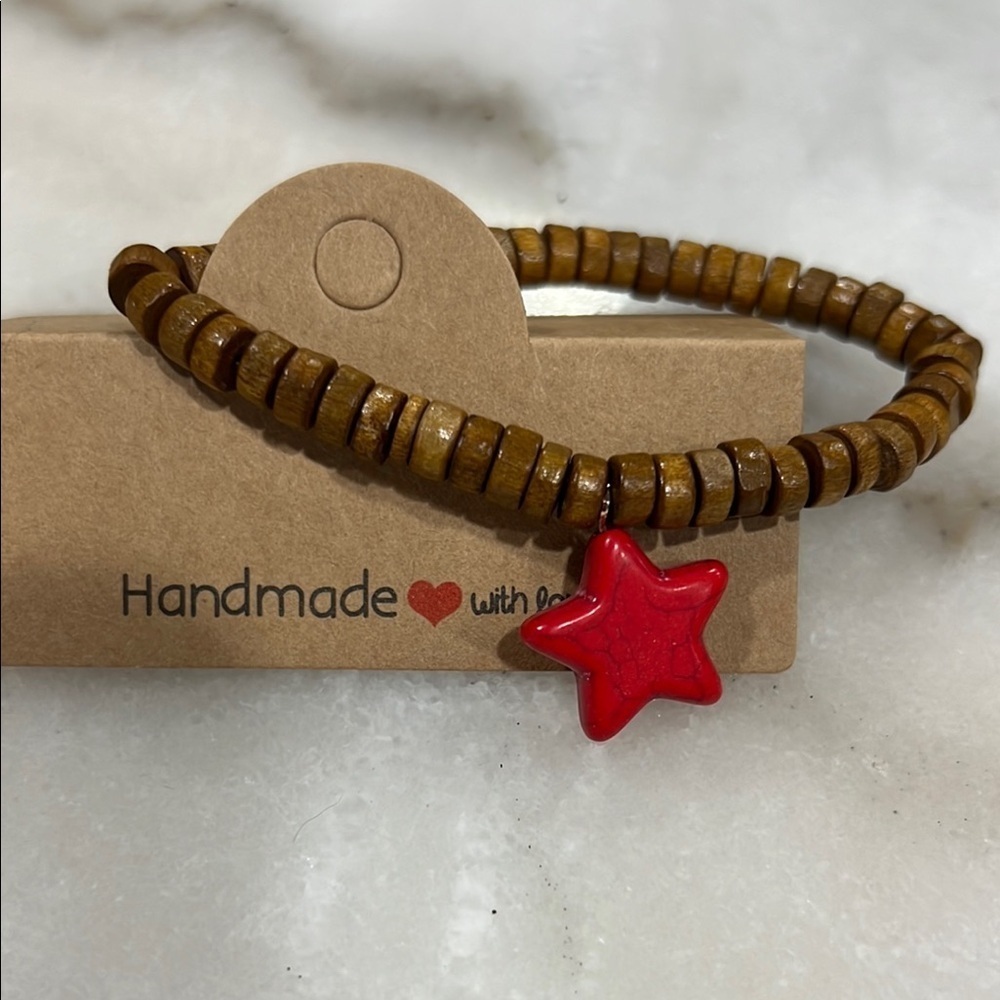 Wooden Bead Bracelet with Wagnerite Red Star Charm - Picture 3 of 3